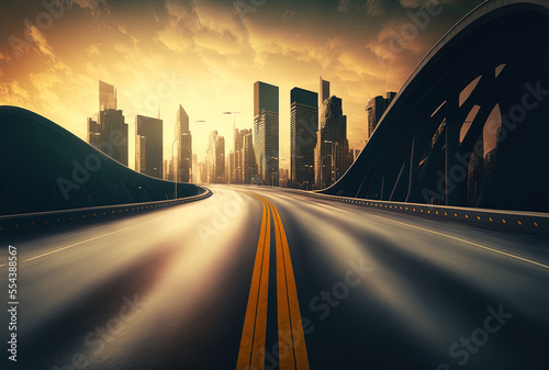 Flyover asphalt road in motion with a perspective of a contemporary metropolitan skyline. sight at dawn. Generative AI