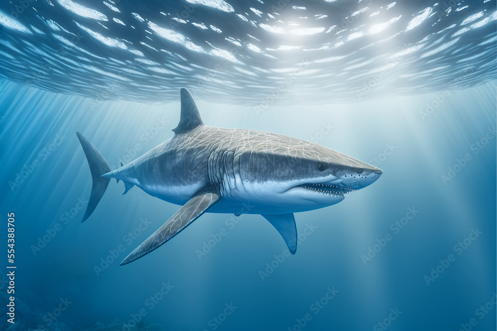 Naklejka premium Great White Shark Swimming in the Ocean, Digital Illustration, Concept Art