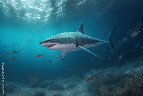 Great White Shark Swimming in the Ocean, Digital Illustration, Concept Art © Badger