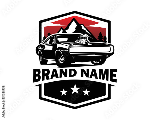 multilevel premium muscle car charger logo isolated on white background showing from front with amazing sunset and mountain view. Best for badges, emblems, icons. vector illustration eps 10.