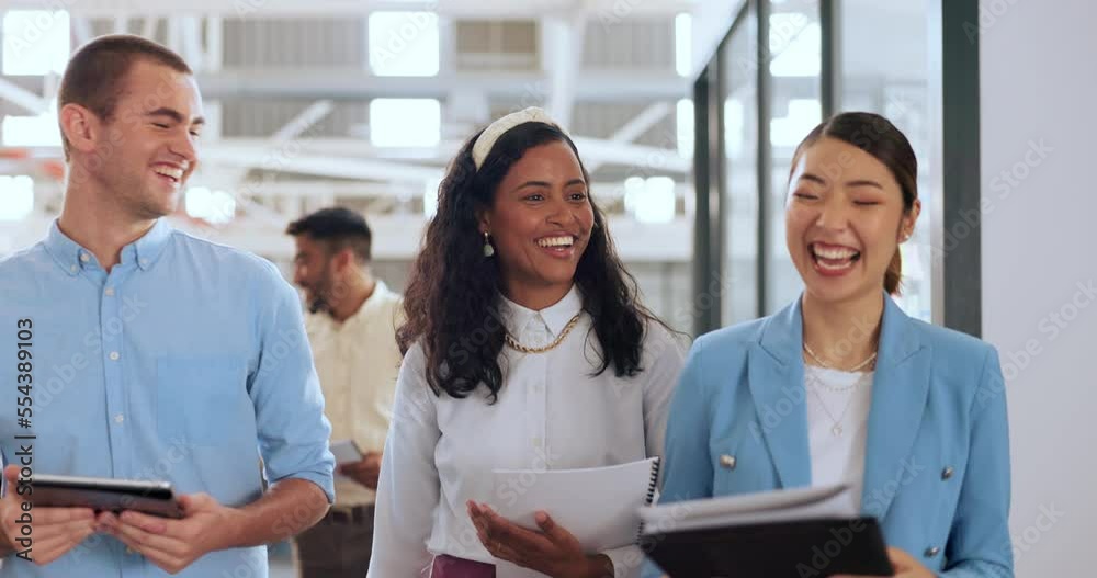 Talking business people, diversity or modern office walking and tablet, paper documents or digital marketing research. Happy smile, laughing creative designers or teamwork collaboration on technology