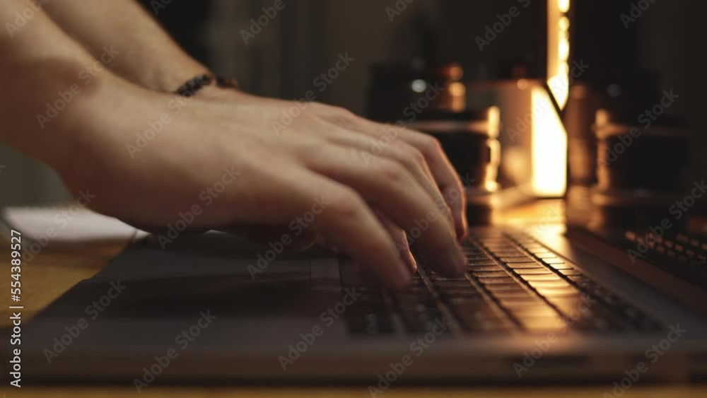The freelancer's place of workat home. BUSINESS man hands type on laptop keyboard business. Hands touch typing pointing cloud data social network media,Businesswoman working on tablet computer. Slow
