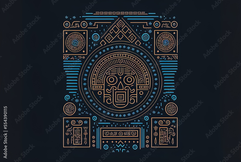 Aztec inspired historical symbol. On a dark blue gradient backdrop, simple thin lines form the shape of historical icons for ui and ux, websites, or mobile applications. Generative AI