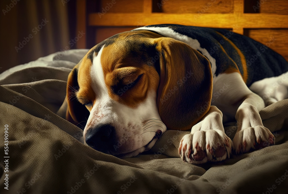 Obraz premium adorable Beagle dog dozing on a bed. adorable animal. Generative AI
