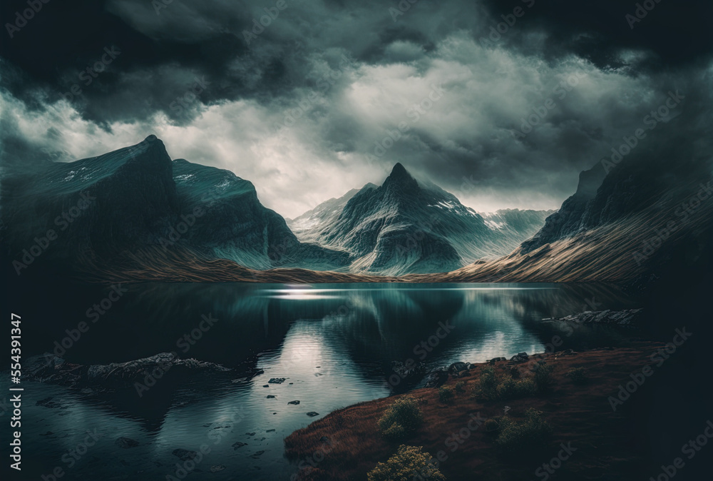 Beautiful lake with a mountain range around it in the awe inspiring gloomy sky. Generative AI