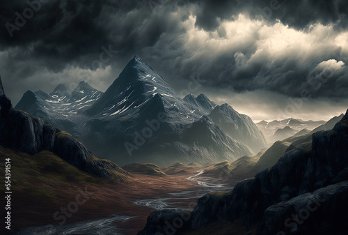 Stunning image of mountains under a gloomy sky. Generative AI