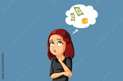 Young Woman Thinking about Money Vector Cartoon Illustration. Stressed girl having finical problems overthinking about her budget 

