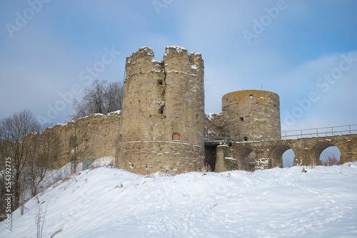 View of the gate towers of the ancient Koporye fortress on a February afternoon. Koporye. Leningrad region, Russia