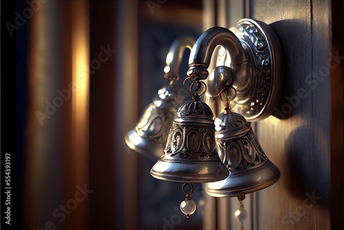  a close up of two bells on a wall near a door handle and a wall mirror behind it with a light shining on the wall. Generative AI photo