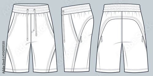 Jogger Short Pants technical fashion Illustration. Sport Shorts fashion flat technical drawing template, front, side and back view, front and side pockets, white, women, men, unisex CAD mockup.