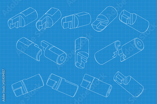Mechanical engineering drawings on blue background. Cutter, assembly tool with replaceable multi-faceted plate. Technical Design. Cover. Blueprint. Vector illustration.