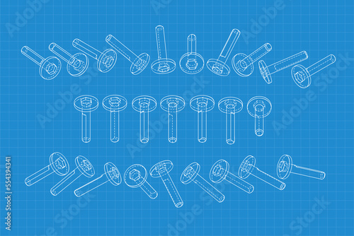 Mechanical engineering drawings on blue background. Cutter, assembly tool with replaceable multi-faceted plate. Technical Design. Cover. Blueprint. Vector illustration.
