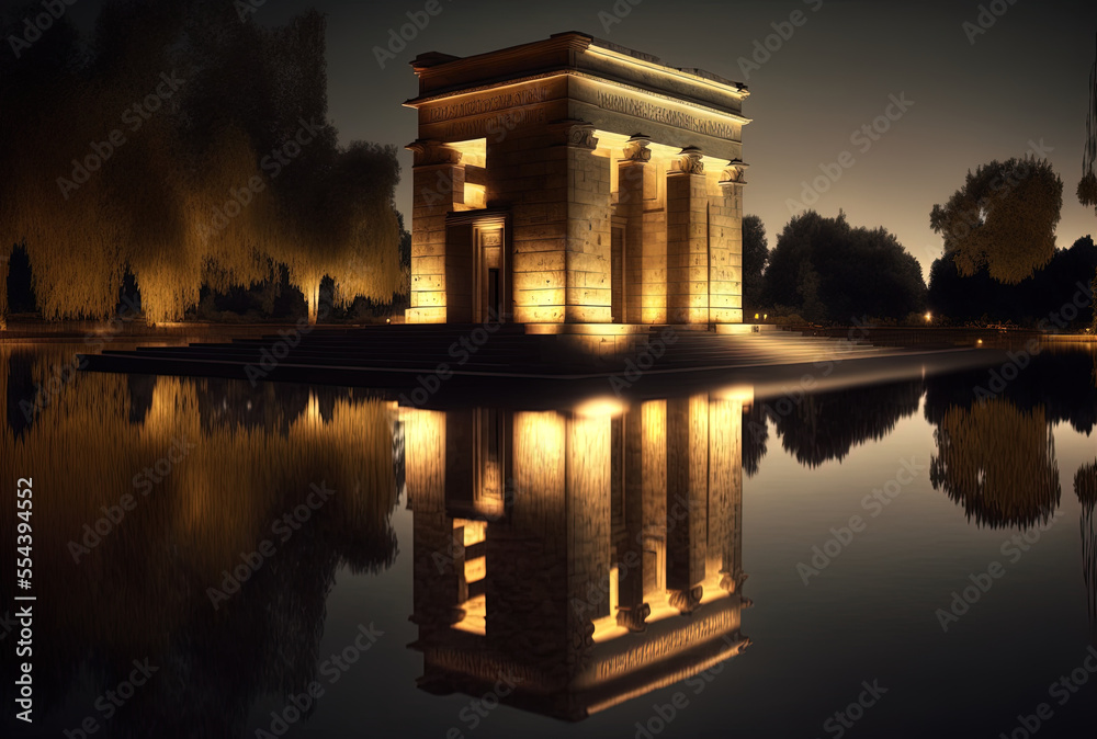 Fototapeta premium Madrid's illuminated Debod Temple. Generative AI