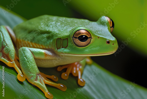 Closeup of Rhacophorus dulitensis on Green Leaves. Generative AI