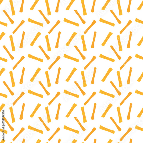 Tasty sweet or salty churros seamless pattern. Paper cup or napkin. Traditional Spanish and Mexican food. Fried dough. Hand drawn vector illustration. Cartoon style