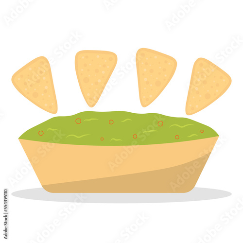 Guacamole with nachos - traditional Mexican latin american sauce made from avocado. Ceramic bowl with guacamole sauce and  tortilla chips. Vector flat illustration isolated on white.