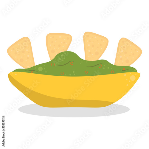 Guacamole with nachos - traditional Mexican latin american sauce made from avocado. Ceramic bowl with guacamole sauce and  tortilla chips. Vector flat illustration isolated on white.