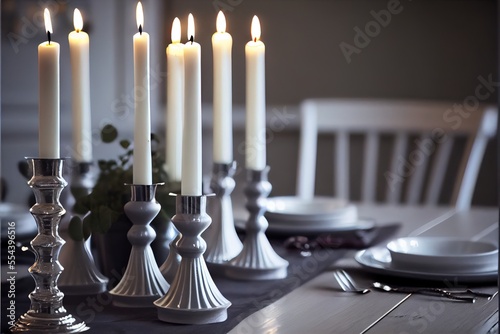  a table with a bunch of candles on it and plates on the table next to it and a vase with flowers. Generative AI photo