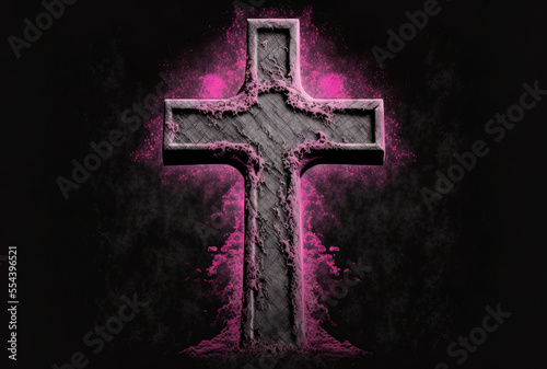 Christian cross with pink cross on textured black backdrop. Generative AI