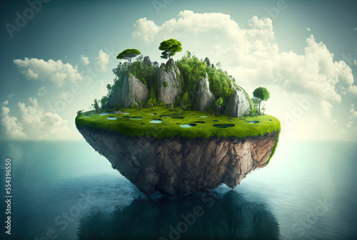 Imaginary floating island with a natural grass field on the rock and the idea of paradise. Generative AI