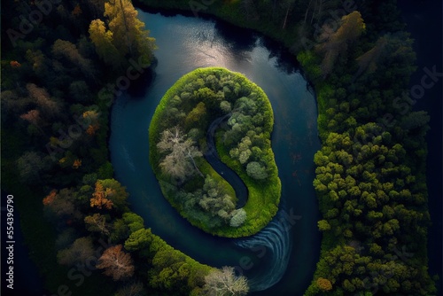  a river running through a lush green forest next to a lush green forest covered in trees and grass next to a river. Generative AI photo