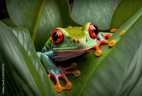 Foto Close up of a red eyed tree frog on some leaves