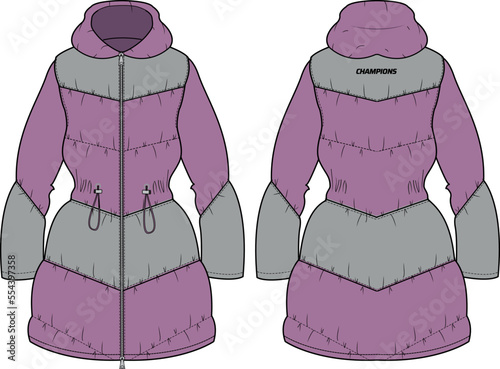 Womens Quilted Puffer Hoodie jacket dress design flat sketch Illustration, puffa Padded Hooded jacket with front and back view, Soft shell winter jacket for girls and ladies for outerwear in winter.