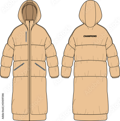 Womens Long line Quilted Puffer Hoodie jacket design flat sketch Illustration, puffa Padded Hooded jacket with front and back view, Soft shell winter jacket for girls and ladies for winter