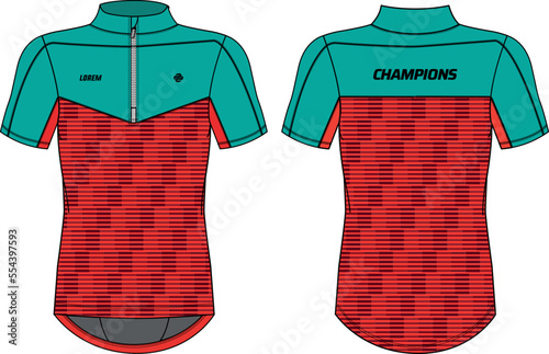 Performance polo Compression Cycling jersey top t shirt flat sketch design illustration, Tight fit top design vector template, Active wear compression biker top concept with front and back view