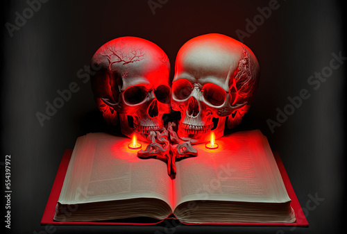 Red light with two skulls on book. Generative AI