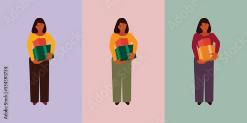 Happy women holding Christmas gift boxes. Winter holiday gift boxes. Flat human vector illustration on isolated background. Christmas gifting and celebration.