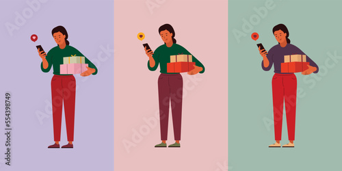 Happy women holding Christmas gift boxes. Winter holiday gift boxes. Flat human vector illustration on isolated background. Christmas gifting and celebration.