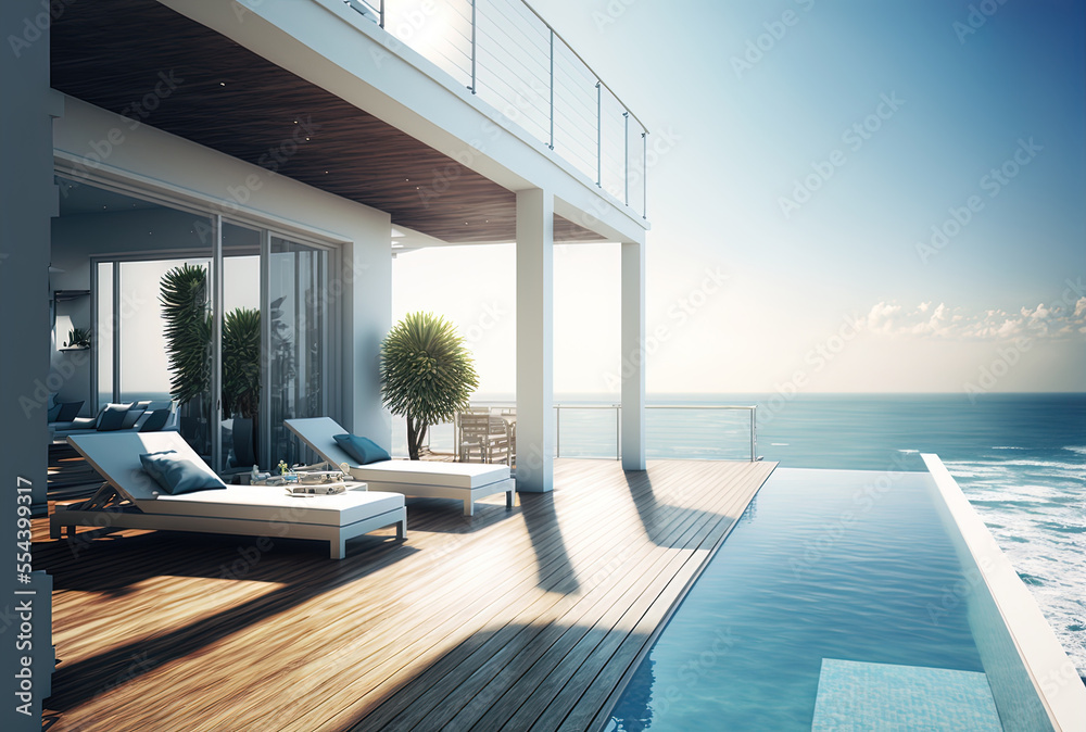 Fototapeta premium With a view of the sea, the swimming pool terrace between contemporary buildings features hardwood flooring and is decorated with rattan sun loungers. Generative AI