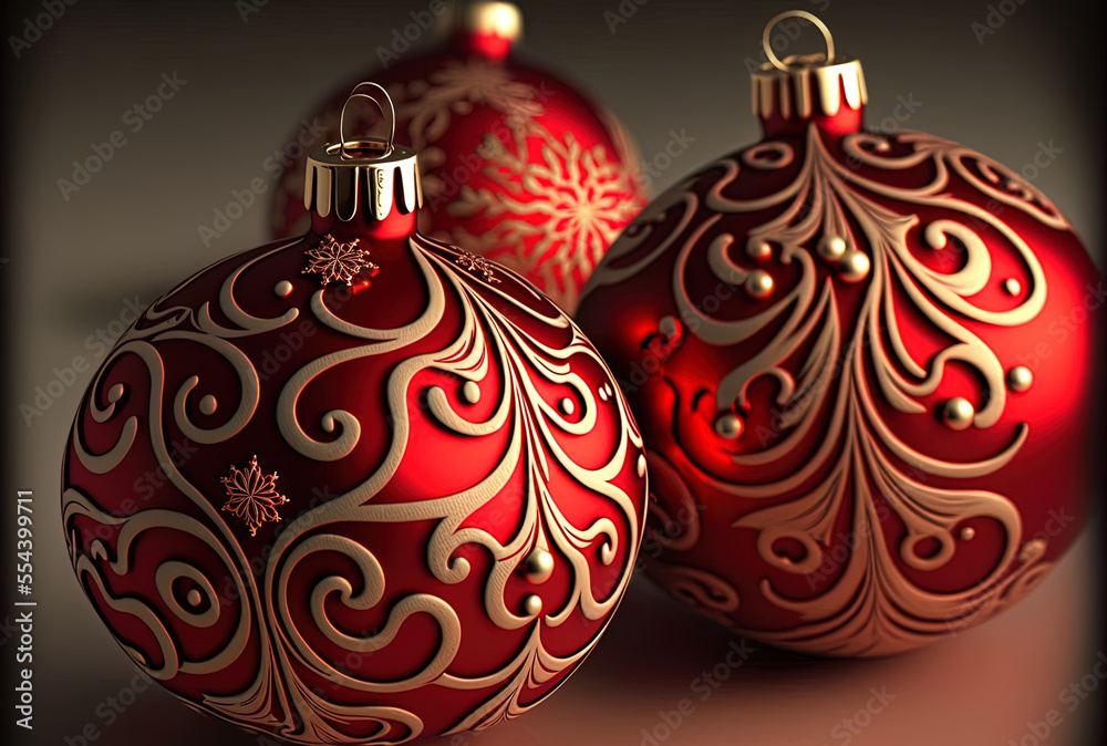 Red Christmas tree ornaments. a happy new year!. Generative AI Red Christmas tree ornaments. a happy new year!. Generative AI