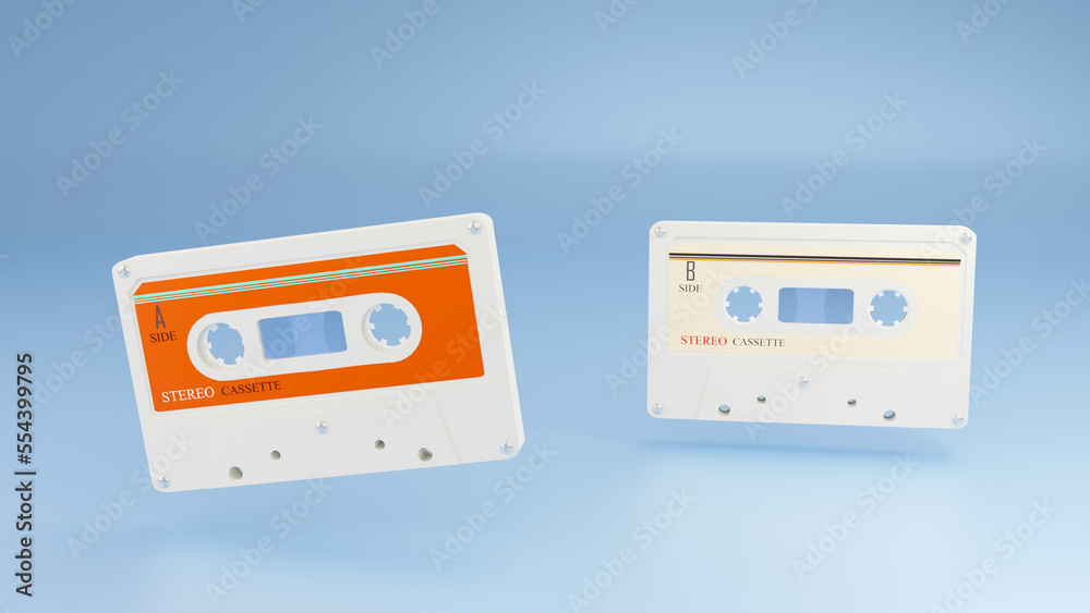 Fototapeta premium white vintage audio cassette on blue background. It's like going back in time to the 70-90s.