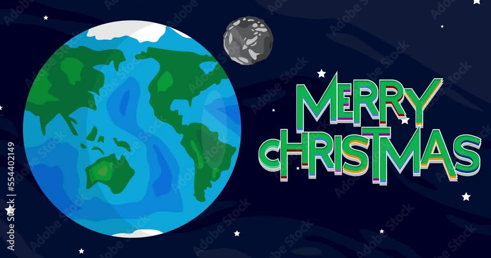 Moving Planet Earth and Moon with Merry Christmas Text. Cartoon animated space, cosmos on the background. Moving Planet Earth and Moon with Merry Christmas Text. Cartoon animated space, cosmos on the background.