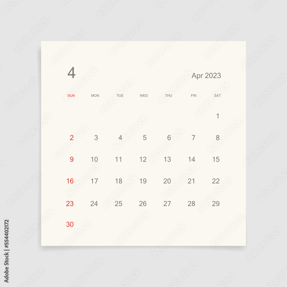 April 2023 calendar page on white background. Calendar background for reminder, business planning, appointment meeting and event. Week starts from Sunday. Vector illustration. April 2023 calendar page on white background. Calendar background for reminder, business planning, appointment meeting and event. Week starts from Sunday. Vector illustration.