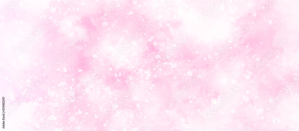 Abstract pink watercolor background with bubbles, beautiful pink watercolor background with various bokeh surrounding randomly, soft pink texture with smoke and clouds.	