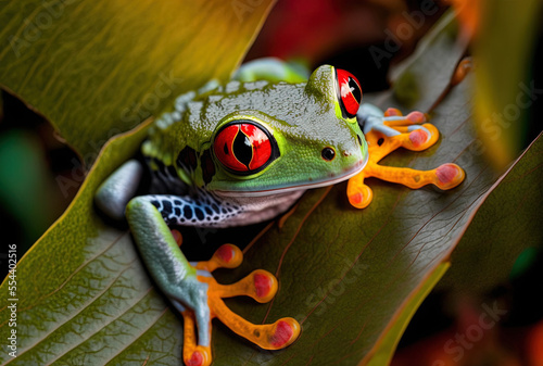 Fotografi Tree frog with red eyes resting on leaves. Generative AI