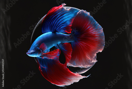 Half moon betta fish or siamese fighting fish in blue and red hue, isolated on a dark backdrop. Generative AI