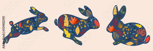 Rabbits character design set with beautiful blossom flowers for Spring, Easter. Autumn Festival or Chinese New Year 2023, year of the Rabbit zodiac sign. Vector illustration