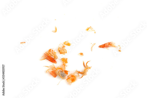 Shrimp heads and shrimp shells  food waste  leftovers  waste. Natural seafood. Lunch. Dinner isolated on white background.