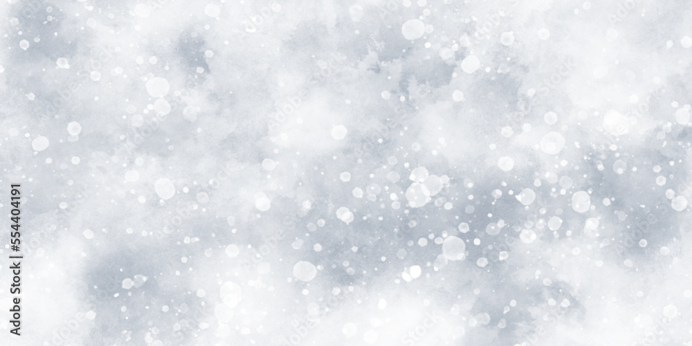 flakes falling randomly on clouds, beautiful white watercolor background with glitter particles, white bokeh background for wallpaper, invitation, cover and design.	