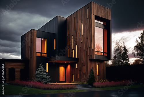 Contrasting a dark sky with Western red cedar siding, a wood facade, and geometric architectural details. Generative AI photo