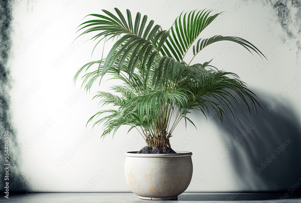 Fototapeta premium Indoor plant in a pot on a white table. the ornamental Areca palm (Dypsis lutescens). Generative AI