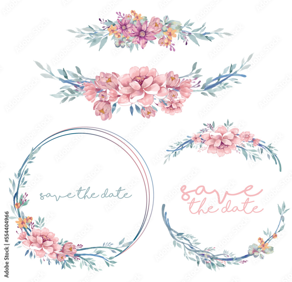 Pink pastel watercolor flowers vector design with round invitation frame. Rustic wedding with mint, pink, blue tones. Watercolor save the date card. Summer rustic style. 