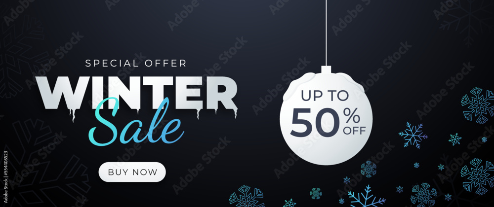 Naklejka premium Winter sale banner, up to 50% off, banners for online shopping. Banner for social media stories sale, web page, mobile phone. template design special offer.