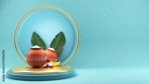 3D Render Pongal Festival Elements Over Podium And Empty Circular Frame On Glossy Light Turquoise Background. photo