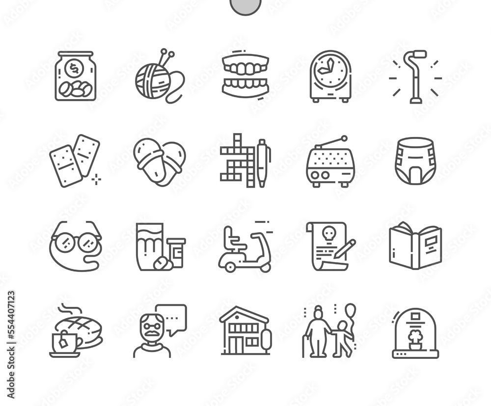 Old age. Nursing home. Older people. Last will. Crossword, domino, knitting and other. Pixel Perfect Vector Thin Line Icons. Simple Minimal Pictogram Old age. Nursing home. Older people. Last will. Crossword, domino, knitting and other. Pixel Perfect Vector Thin Line Icons. Simple Minimal Pictogram