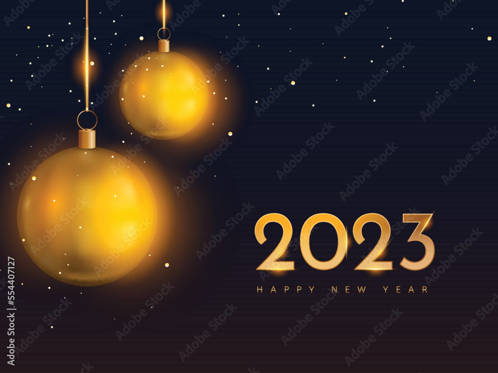 Golden 2023 Happy New Year Text With Glowing Baubles Hang On Gradient Blue And Brown Background. Golden 2023 Happy New Year Text With Glowing Baubles Hang On Gradient Blue And Brown Background.